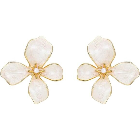 White Flower Dangle Earrings – Elegant Pearl-Embellished Design - Picture 2 of 6